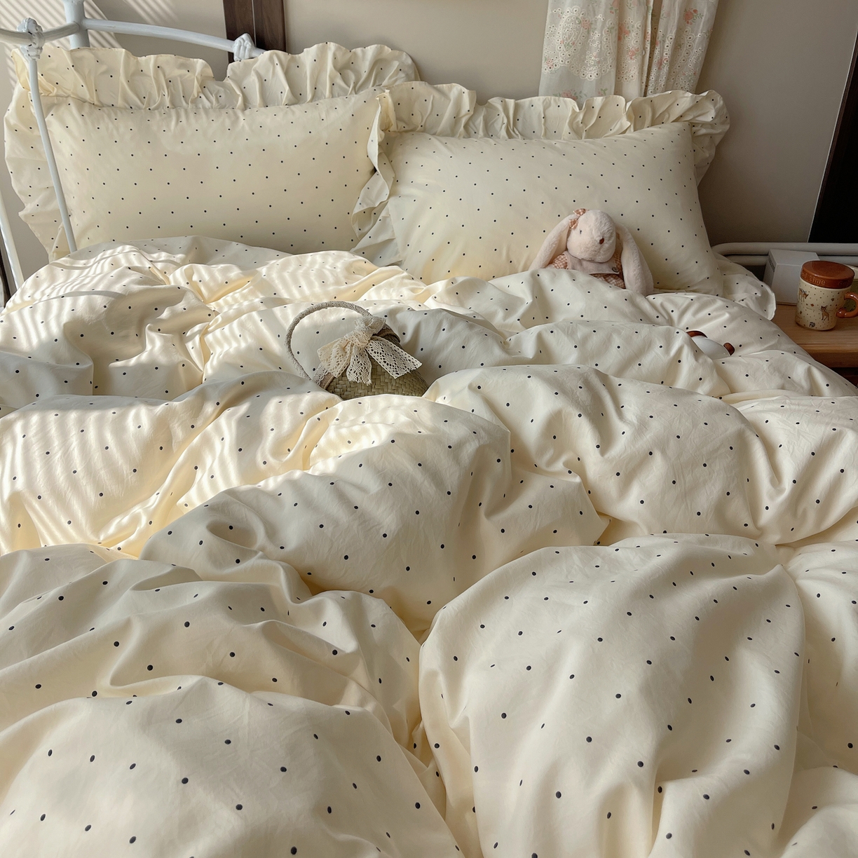 91家纺网 家纺一手货源 找家纺 摩妮卡 2026春夏新款韩版公主风花边亲肤棉水洗棉印花四件套 甜心波点