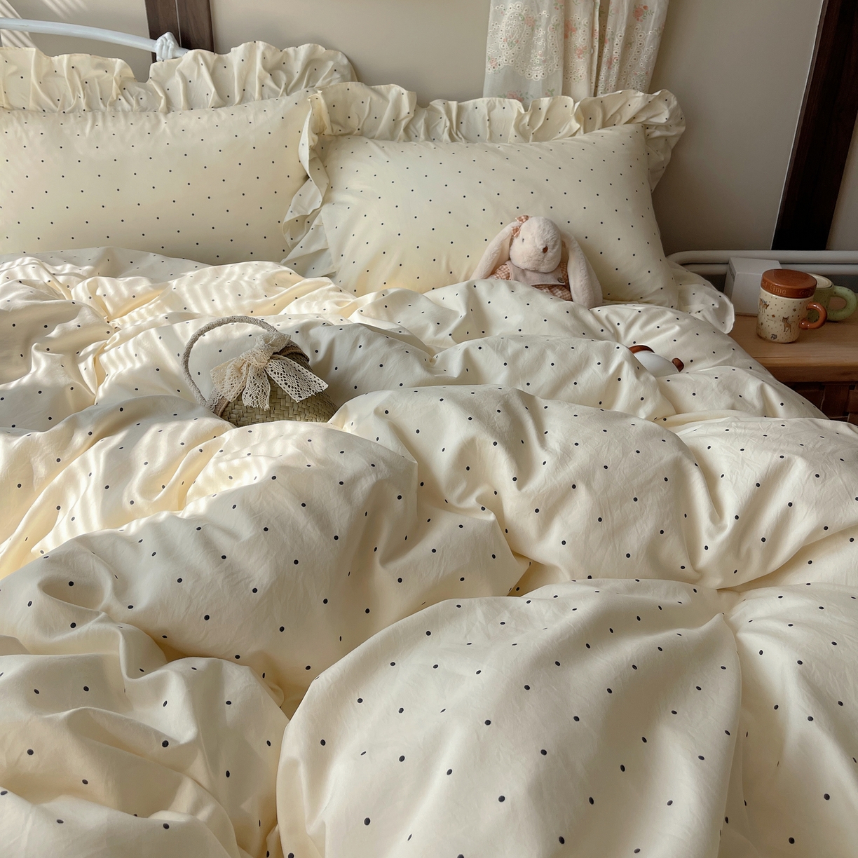 91家纺网 家纺一手货源 找家纺 摩妮卡 2026春夏新款韩版公主风花边亲肤棉水洗棉印花四件套 甜心波点