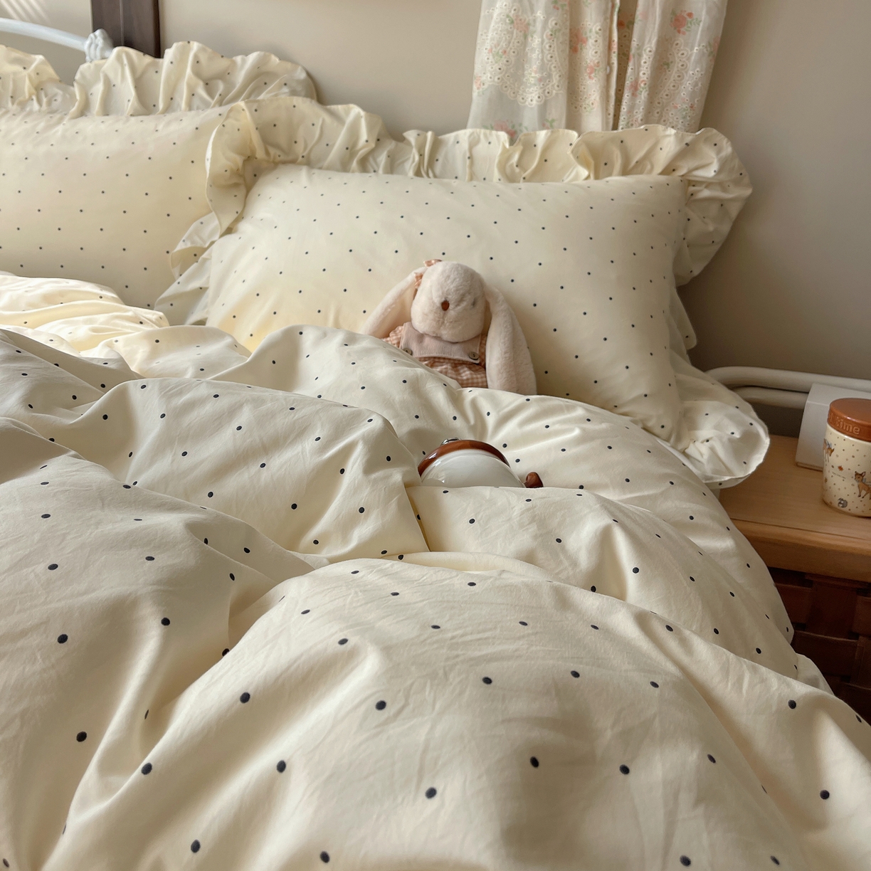 91家纺网 家纺一手货源 找家纺 摩妮卡 2026春夏新款韩版公主风花边亲肤棉水洗棉印花四件套 甜心波点