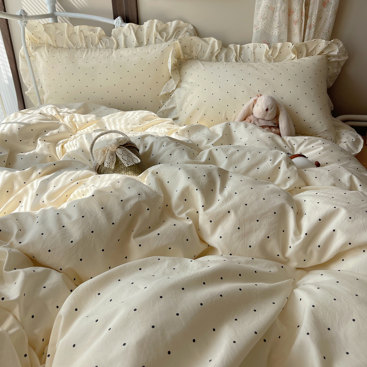 91家纺网 家纺一手货源 找家纺 摩妮卡 2026春夏新款韩版公主风花边亲肤棉水洗棉印花四件套 甜心波点