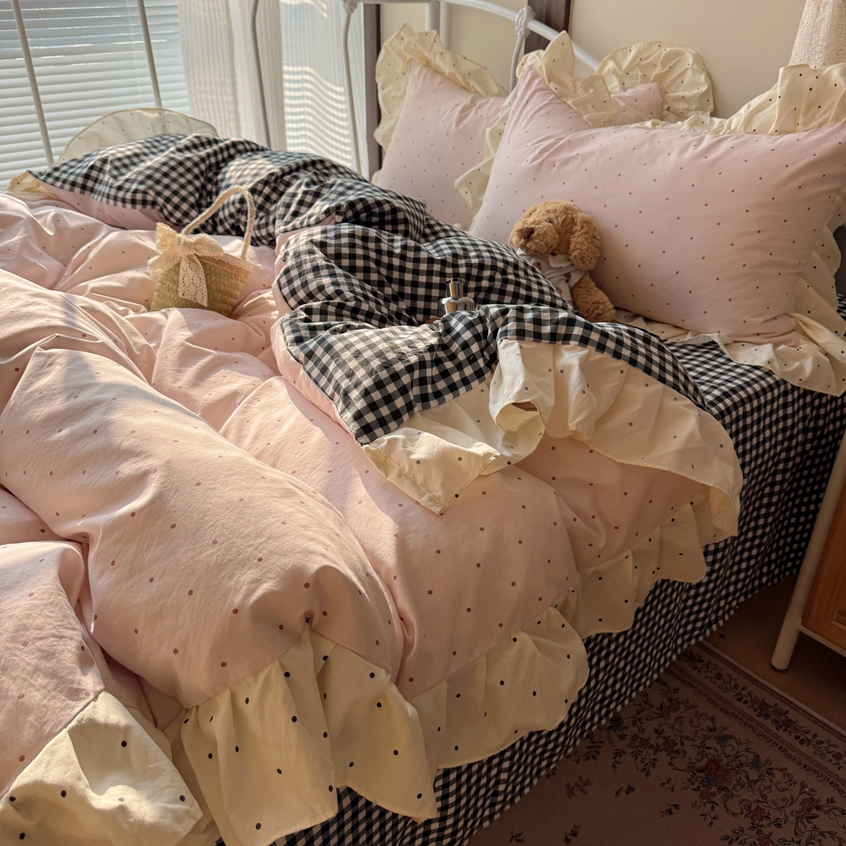 摩妮卡 2026春夏新款韩版公主风花边亲肤棉水洗棉印花四件套 香雪粉波点