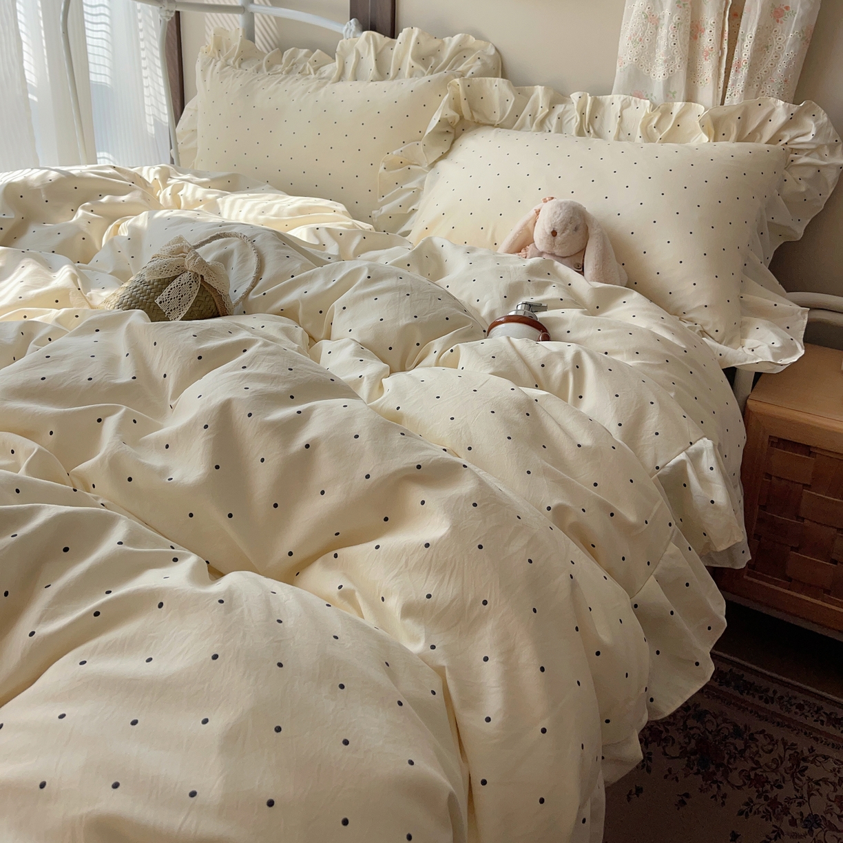 91家纺网 家纺一手货源 找家纺 摩妮卡 2026春夏新款韩版公主风花边亲肤棉水洗棉印花四件套 甜心波点