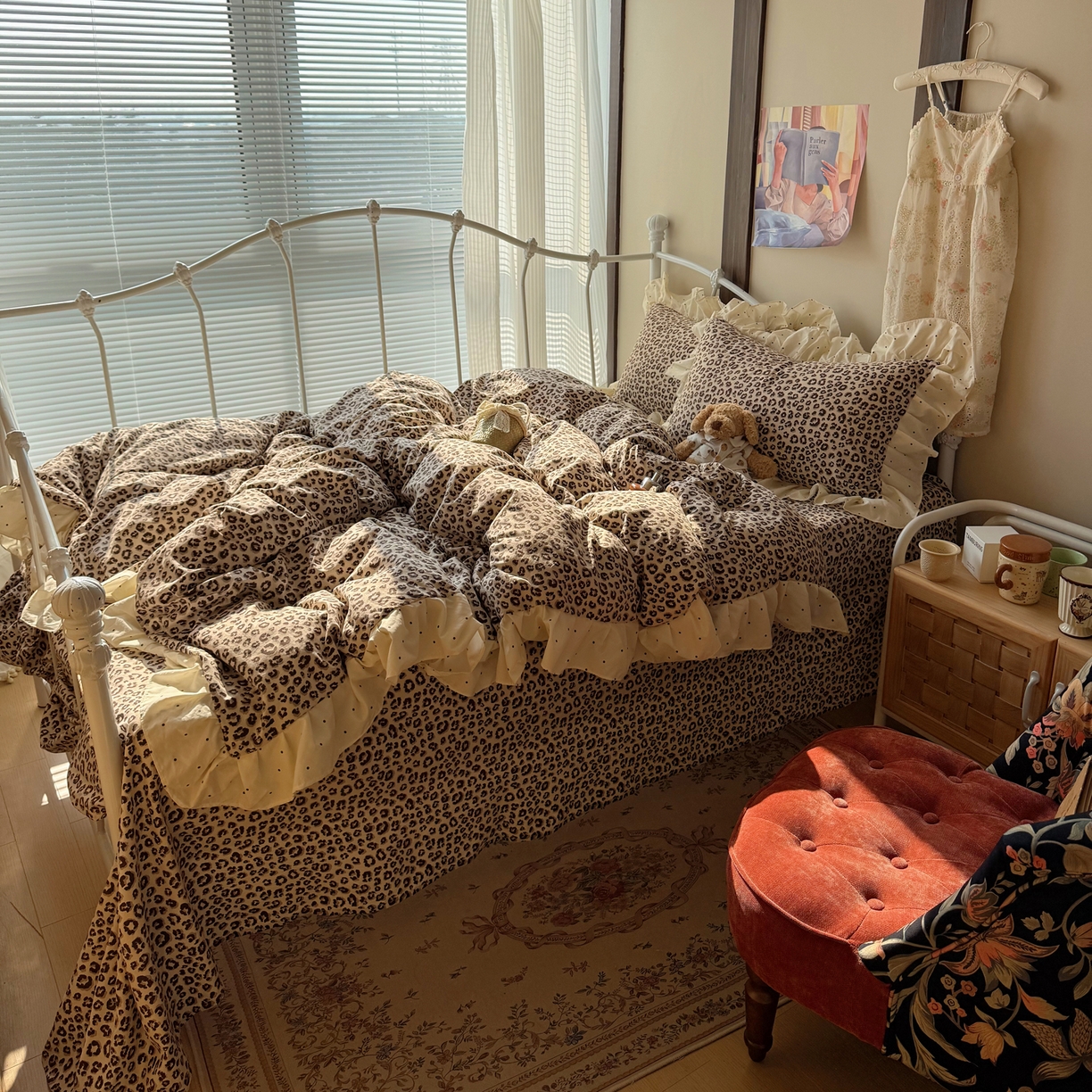 91家纺网 家纺一手货源 找家纺 摩妮卡 2026春夏新款韩版公主风花边亲肤棉水洗棉印花四件套 经典豹纹