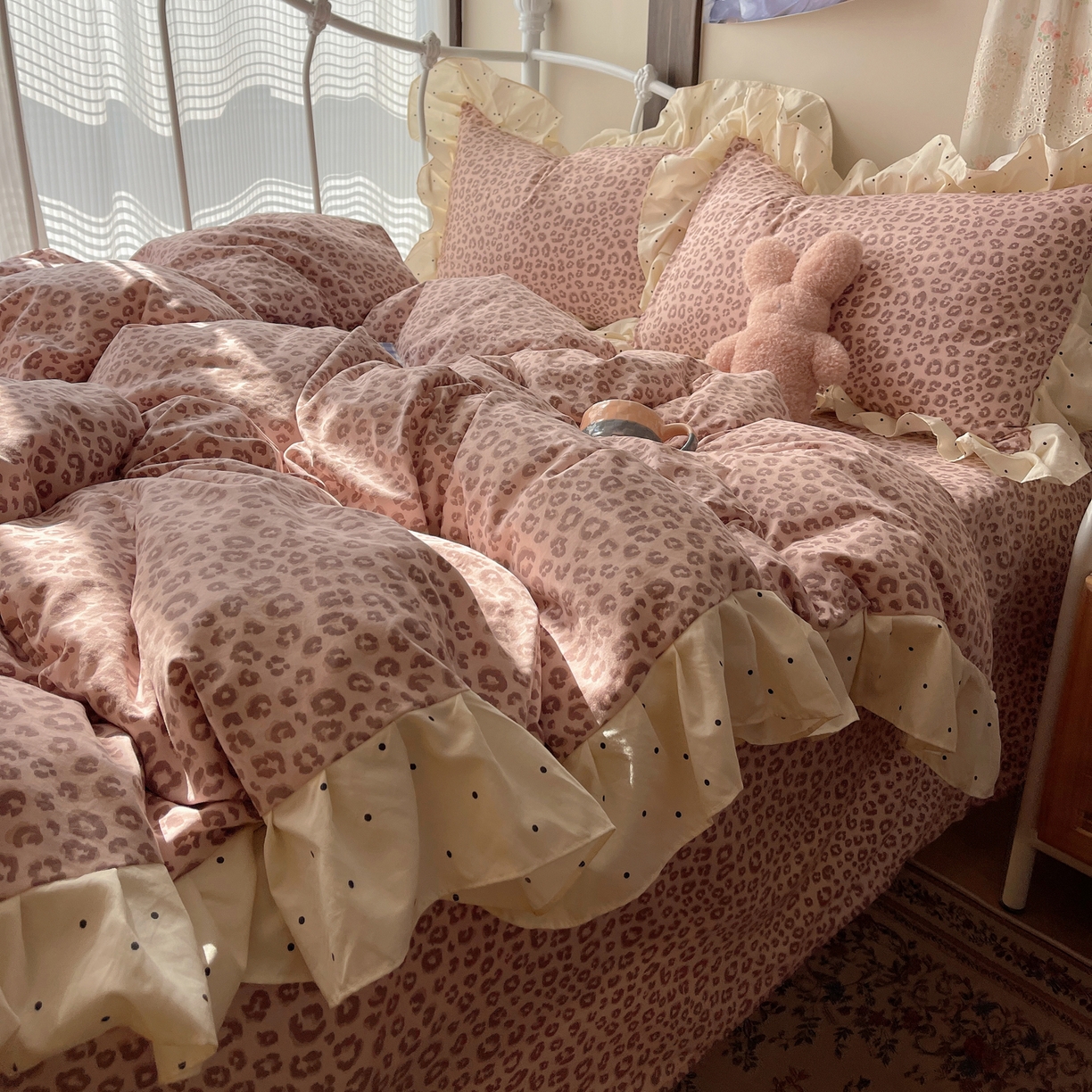 摩妮卡 2026春夏新款韩版公主风花边亲肤棉水洗棉印花四件套 奶油粉豹纹