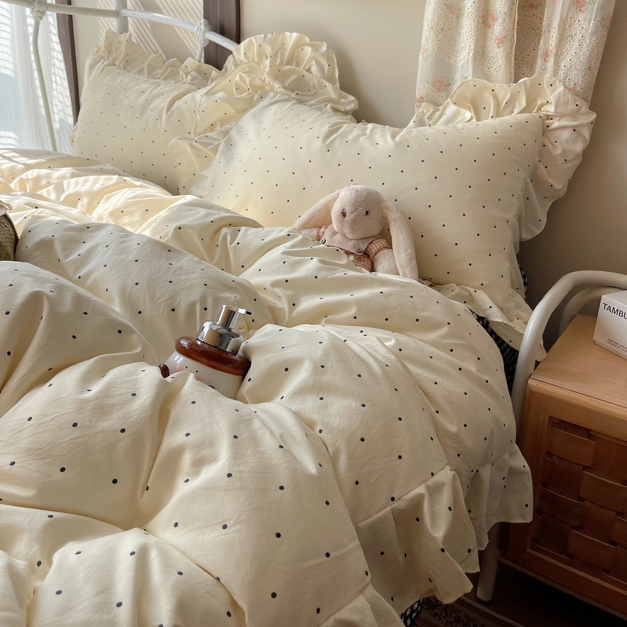 91家纺网 家纺一手货源 找家纺 摩妮卡 2026春夏新款韩版公主风花边亲肤棉水洗棉印花四件套 甜心波点