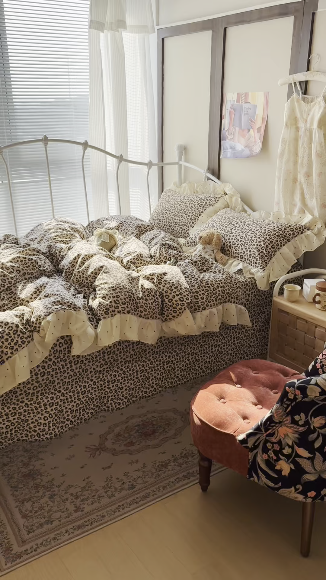 91家纺网 家纺一手货源 找家纺 摩妮卡 2026春夏新款韩版公主风花边亲肤棉水洗棉印花四件套 经典豹纹