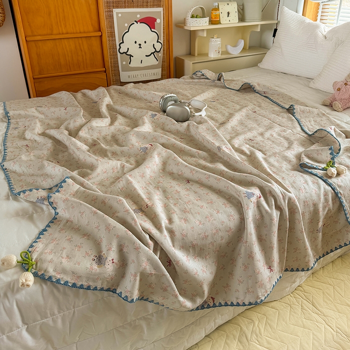 91家纺网 家纺一手货源 找家纺 （总）潮邦创意家居 2026新A类全棉双层纱三角针四角郁金香吊坠盖毯—郁金纱语系列【含A类检测报告】