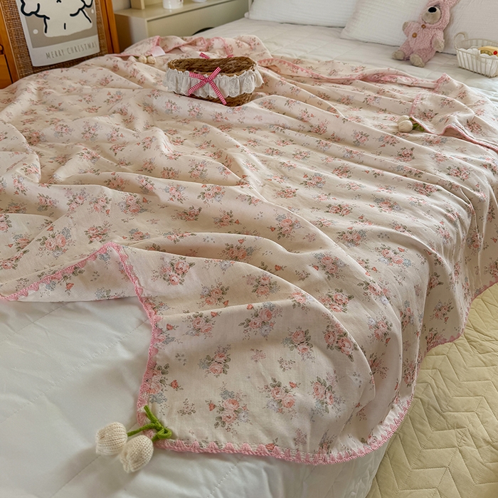 91家纺网 家纺一手货源 找家纺 （总）潮邦创意家居 2026新A类全棉双层纱三角针四角郁金香吊坠盖毯—郁金纱语系列【含A类检测报告】