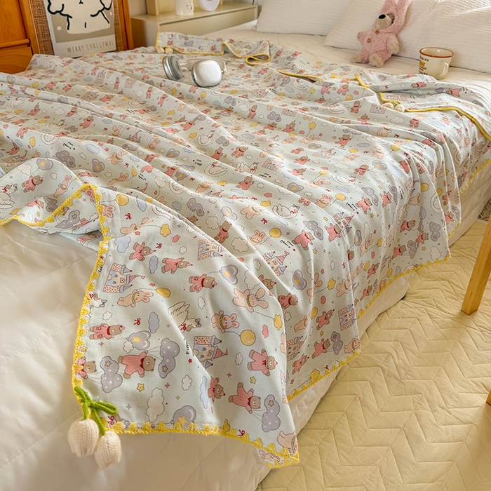 91家纺网 家纺一手货源 找家纺 （总）潮邦创意家居 2026新A类全棉双层纱三角针四角郁金香吊坠盖毯—郁金纱语系列【含A类检测报告】