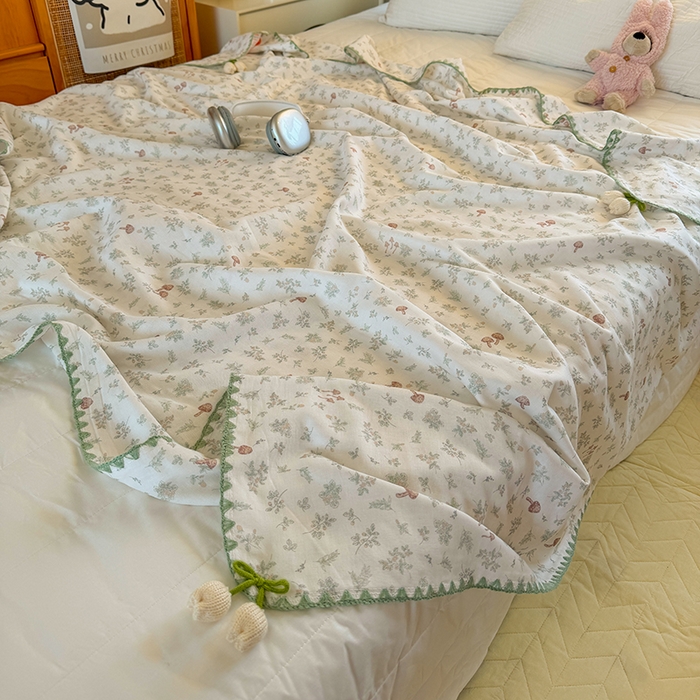 91家纺网 家纺一手货源 找家纺 （总）潮邦创意家居 2026新A类全棉双层纱三角针四角郁金香吊坠盖毯—郁金纱语系列【含A类检测报告】