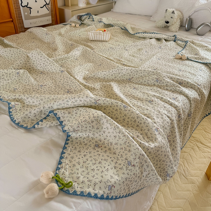 91家纺网 家纺一手货源 找家纺 （总）潮邦创意家居 2026新A类全棉双层纱三角针四角郁金香吊坠盖毯—郁金纱语系列【含A类检测报告】