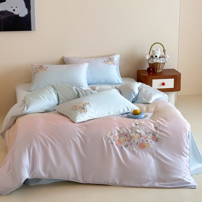 91家纺网 家纺一手货源 找家纺 爱缦 2026新款60支LF级奥地利兰精天丝夏被四件套-小雪的花园系列 小雪的花园四件套-蓝
