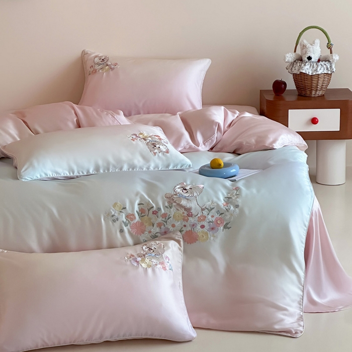 91家纺网 家纺一手货源 找家纺 爱缦 2026新款60支LF级奥地利兰精天丝夏被四件套-小雪的花园系列 小雪的花园四件套-粉