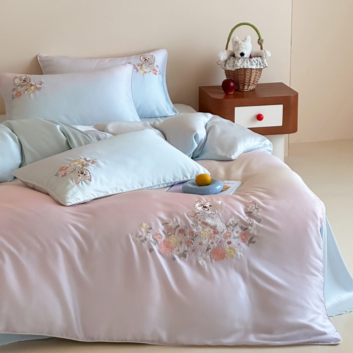 91家纺网 家纺一手货源 找家纺 爱缦 2026新款60支LF级奥地利兰精天丝夏被四件套-小雪的花园系列 小雪的花园四件套-蓝