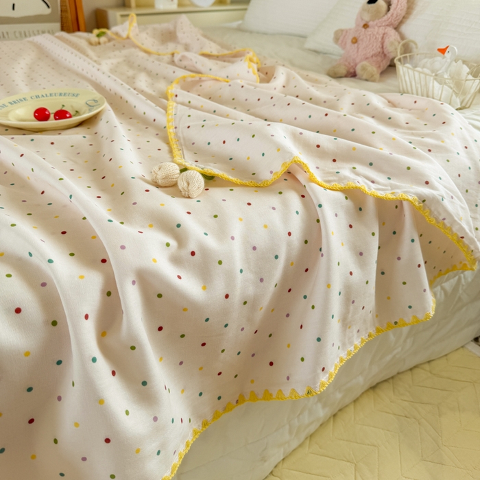 91家纺网 家纺一手货源 找家纺 潮邦创意家居 2026新A类全棉双层纱三角针四角郁金香吊坠盖毯—郁金纱语系列【含A类检测报告】 彩色圆点