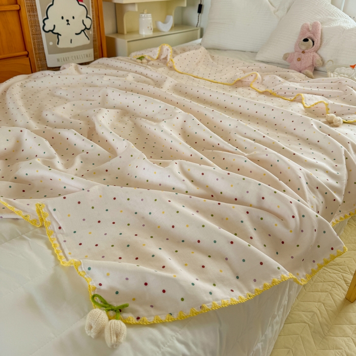 91家纺网 家纺一手货源 找家纺 潮邦创意家居 2026新A类全棉双层纱三角针四角郁金香吊坠盖毯—郁金纱语系列【含A类检测报告】 彩色圆点