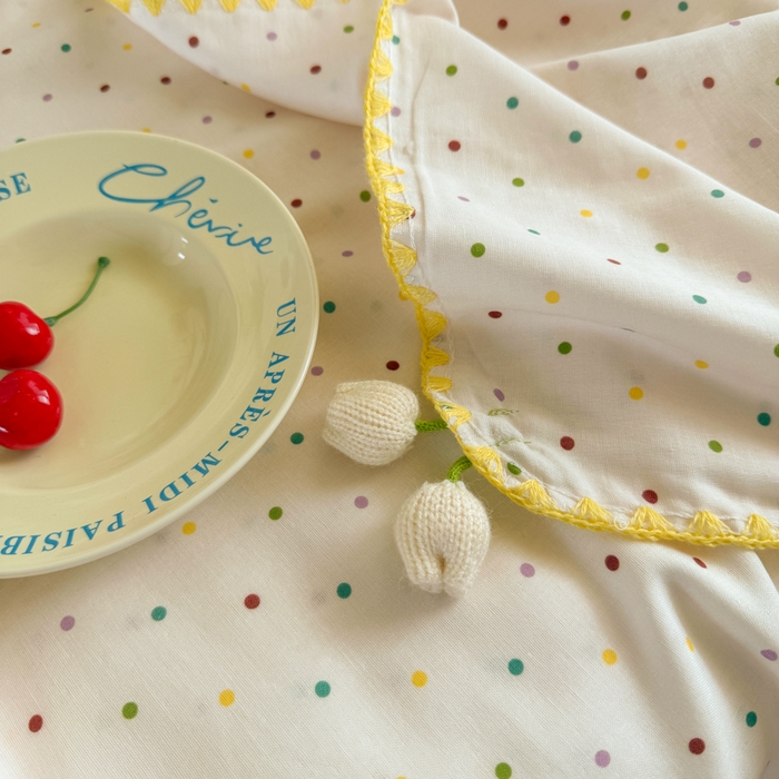 91家纺网 家纺一手货源 找家纺 潮邦创意家居 2026新A类全棉双层纱三角针四角郁金香吊坠盖毯—郁金纱语系列【含A类检测报告】 彩色圆点