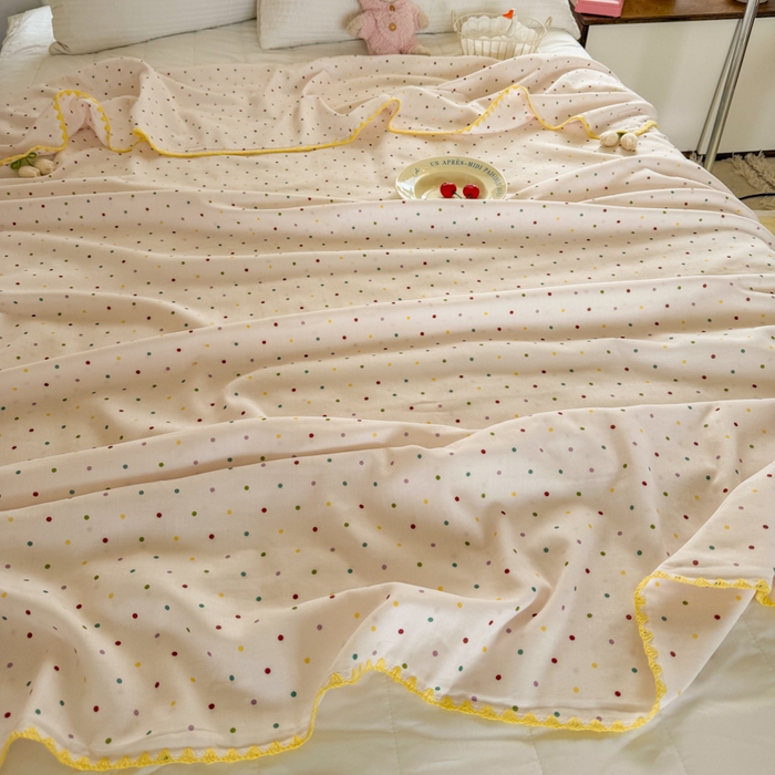 91家纺网 家纺一手货源 找家纺 潮邦创意家居 2026新A类全棉双层纱三角针四角郁金香吊坠盖毯—郁金纱语系列【含A类检测报告】 彩色圆点