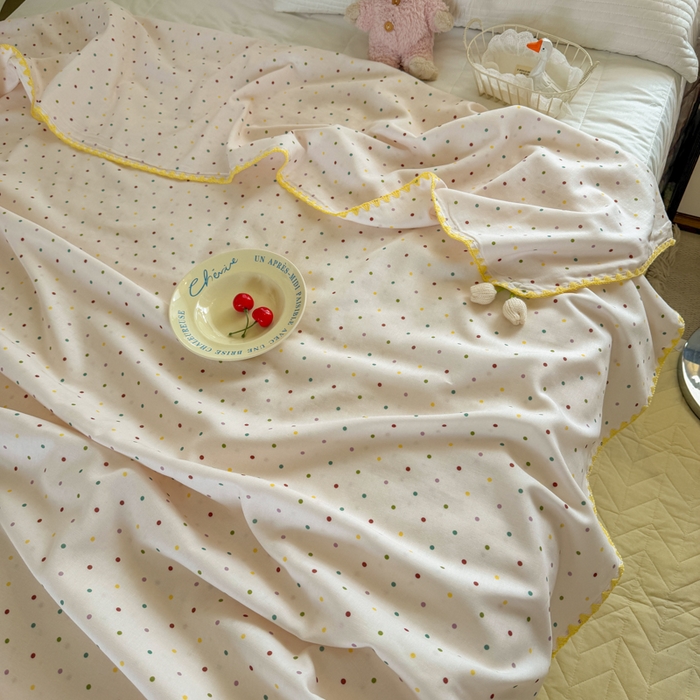 91家纺网 家纺一手货源 找家纺 潮邦创意家居 2026新A类全棉双层纱三角针四角郁金香吊坠盖毯—郁金纱语系列【含A类检测报告】 彩色圆点