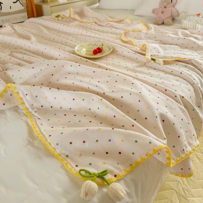 91家纺网 家纺一手货源 找家纺 潮邦创意家居 2026新A类全棉双层纱三角针四角郁金香吊坠盖毯—郁金纱语系列【含A类检测报告】 彩色圆点