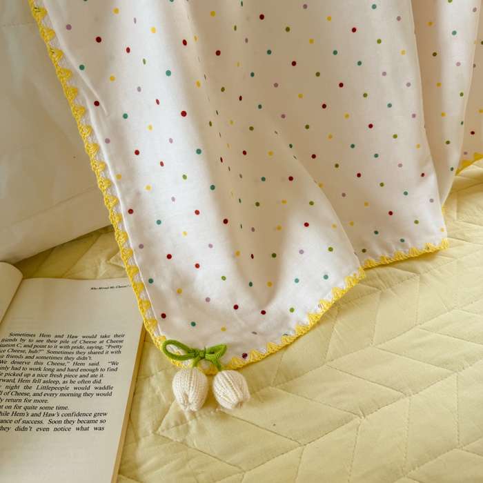 91家纺网 家纺一手货源 找家纺 潮邦创意家居 2026新A类全棉双层纱三角针四角郁金香吊坠盖毯—郁金纱语系列【含A类检测报告】 彩色圆点