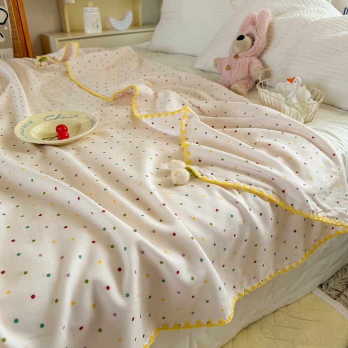 91家纺网 家纺一手货源 找家纺 潮邦创意家居 2026新A类全棉双层纱三角针四角郁金香吊坠盖毯—郁金纱语系列【含A类检测报告】 彩色圆点