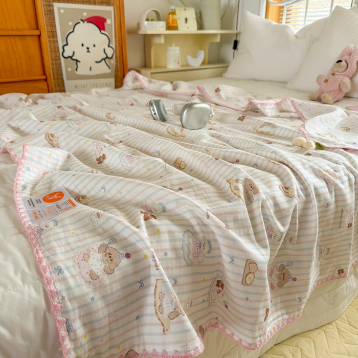 91家纺网 家纺一手货源 找家纺 潮邦创意家居 2026新A类全棉双层纱三角针四角郁金香吊坠盖毯—郁金纱语系列【含A类检测报告】 蛋糕狗