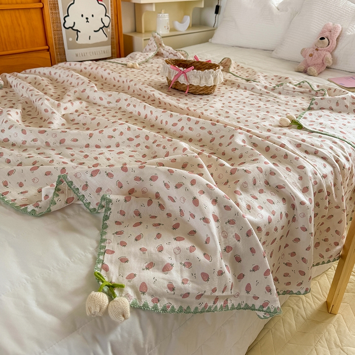 潮邦创意家居 2026新A类全棉双层纱三角针四角郁金香吊坠盖毯—郁金纱语系列【含A类检测报告】 粉草莓