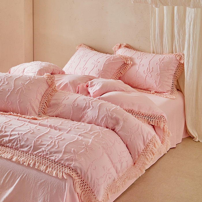 91家纺网 家纺一手货源 找家纺 （总）缘生活 2026春夏新款民宿立体剪花蝴蝶结流苏四件套