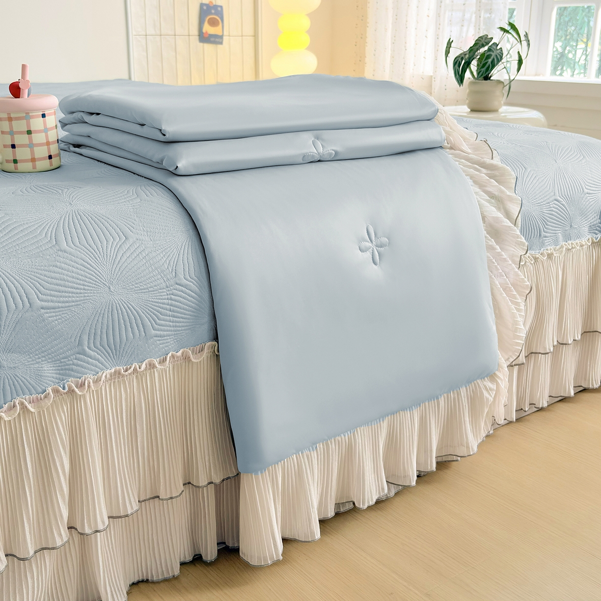 锦格家纺 2026新款凉感丝网纱凉席夏被夏凉被空调被四件套 轻梦瑶-天空蓝