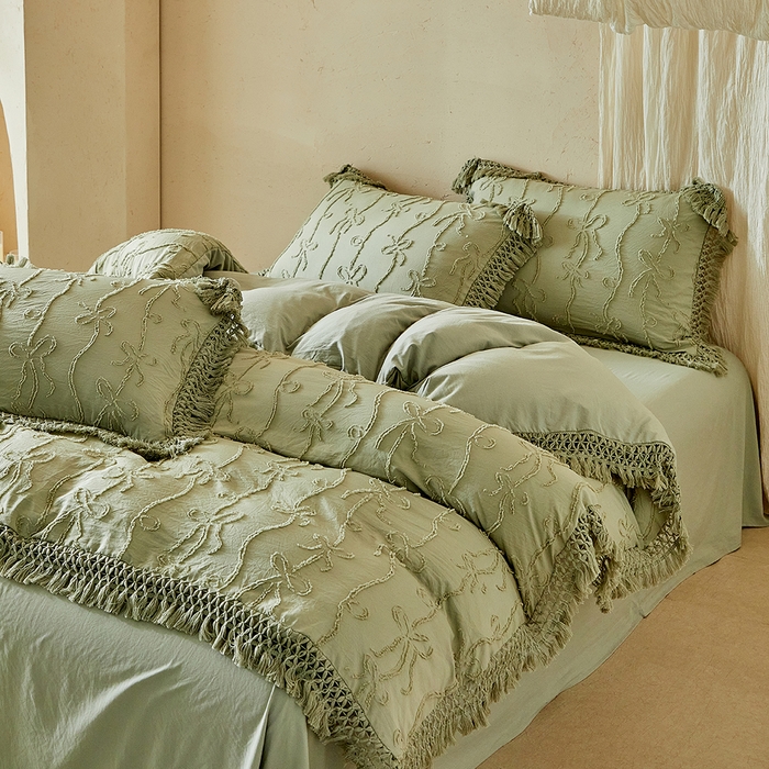 91家纺网 家纺一手货源 找家纺 （总）缘生活 2026春夏新款民宿立体剪花蝴蝶结流苏四件套