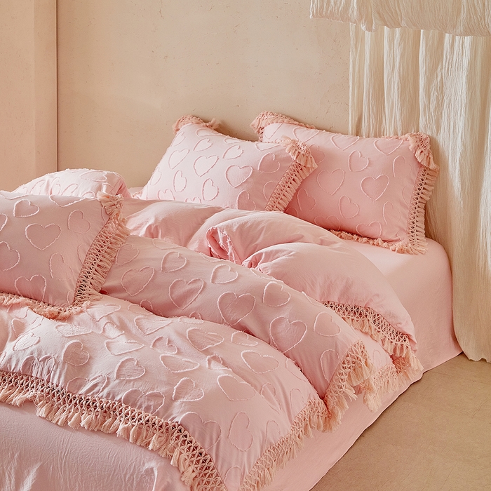 缘生活 2026春夏新款民宿立体剪花蝴蝶结流苏四件套 剪花爱心流苏粉色