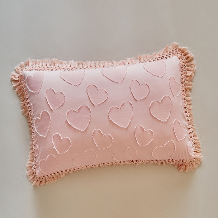 91家纺网 家纺一手货源 找家纺 缘生活 2026春夏新款民宿立体剪花蝴蝶结流苏四件套 剪花爱心流苏粉色