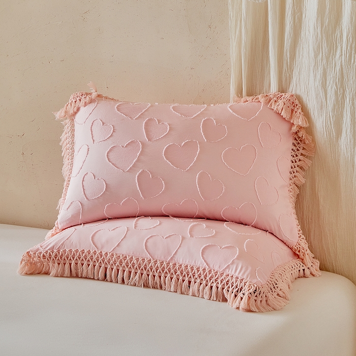 91家纺网 家纺一手货源 找家纺 缘生活 2026春夏新款民宿立体剪花蝴蝶结流苏四件套 剪花爱心流苏粉色