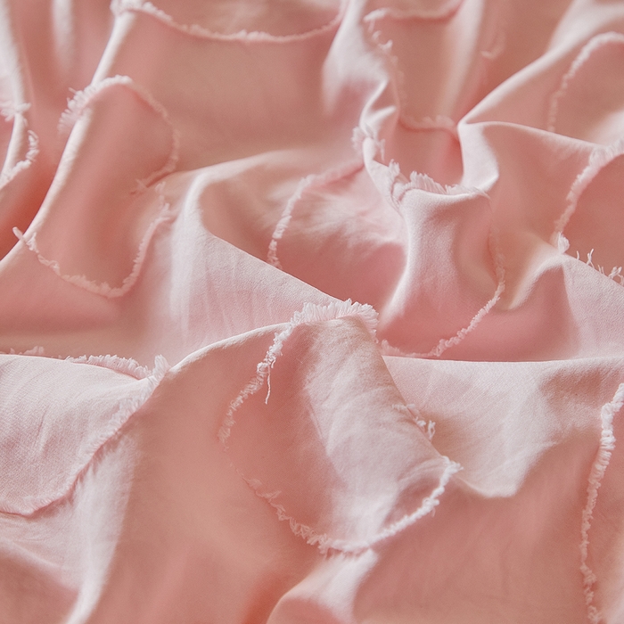 91家纺网 家纺一手货源 找家纺 缘生活 2026春夏新款民宿立体剪花蝴蝶结流苏四件套 剪花爱心流苏粉色