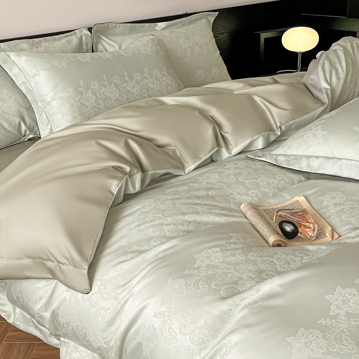 91家纺网 家纺一手货源 找家纺 帝王家纺 2026爆款提花四件套法式轻奢春夏季亲肤棉四季款—暮春 淡绿