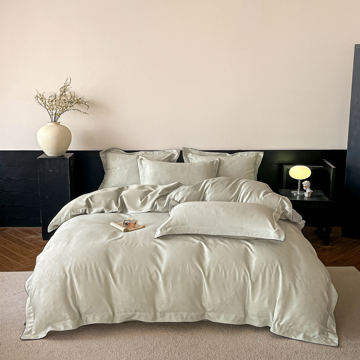 91家纺网 家纺一手货源 找家纺 帝王家纺 2026爆款提花四件套法式轻奢春夏季亲肤棉四季款—暮春 淡绿