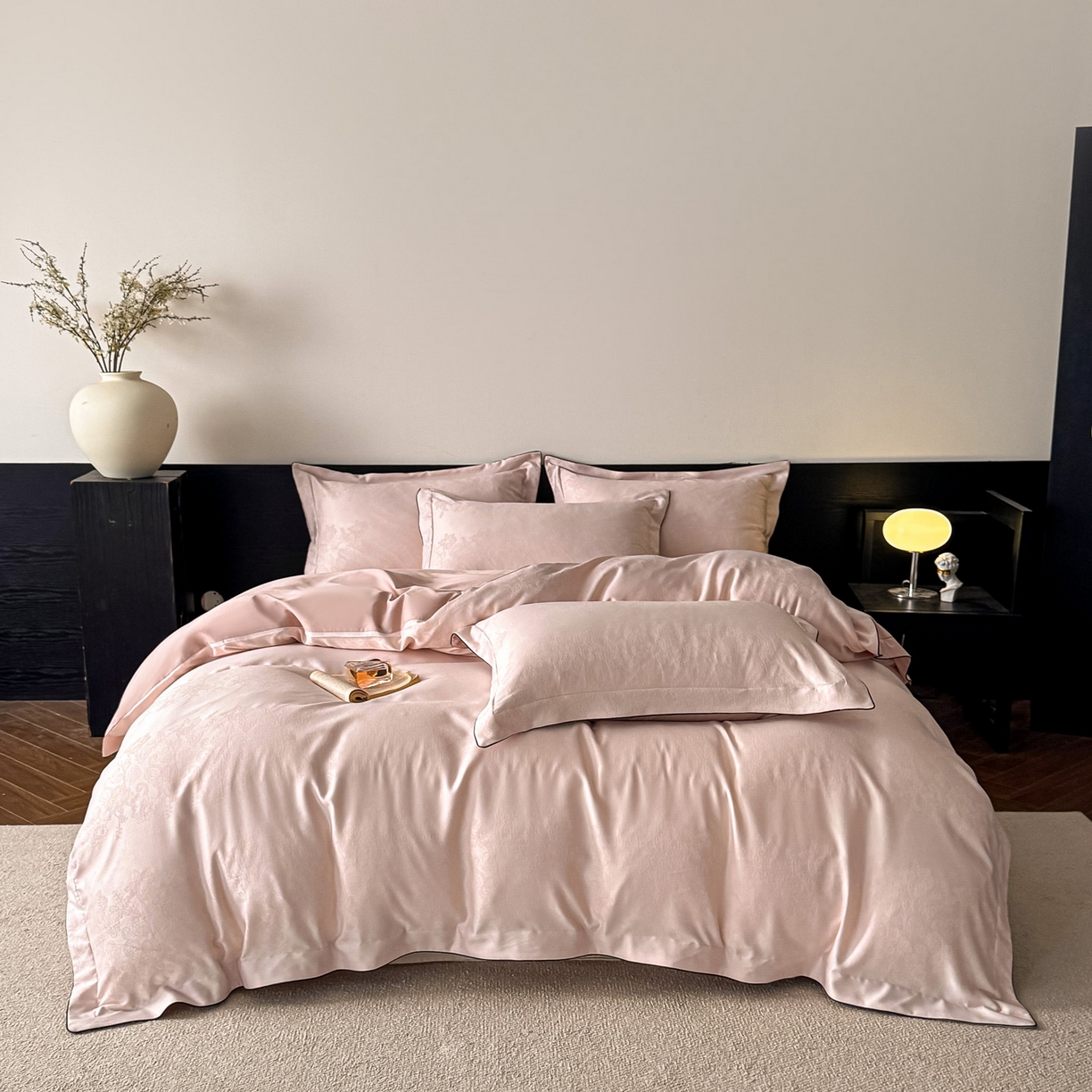 91家纺网 家纺一手货源 找家纺 帝王家纺 2026爆款提花四件套法式轻奢春夏季亲肤棉四季款—暮春 雅粉