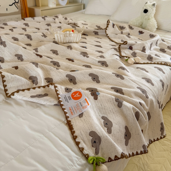 91家纺网 家纺一手货源 找家纺 潮邦创意家居 2026新A类全棉双层纱三角针四角郁金香吊坠盖毯—郁金纱语系列【含A类检测报告】 狗狗爱