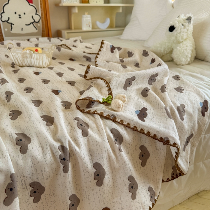 91家纺网 家纺一手货源 找家纺 潮邦创意家居 2026新A类全棉双层纱三角针四角郁金香吊坠盖毯—郁金纱语系列【含A类检测报告】 狗狗爱