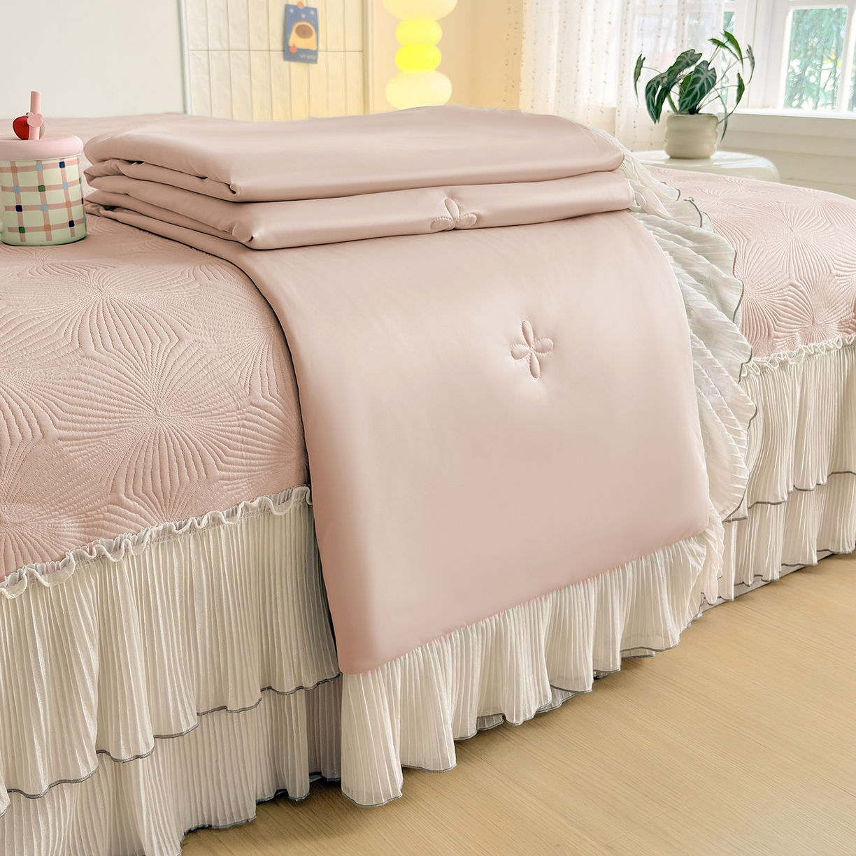 锦格家纺 2026新款凉感丝网纱凉席夏被夏凉被空调被四件套 轻梦瑶-柔雾粉