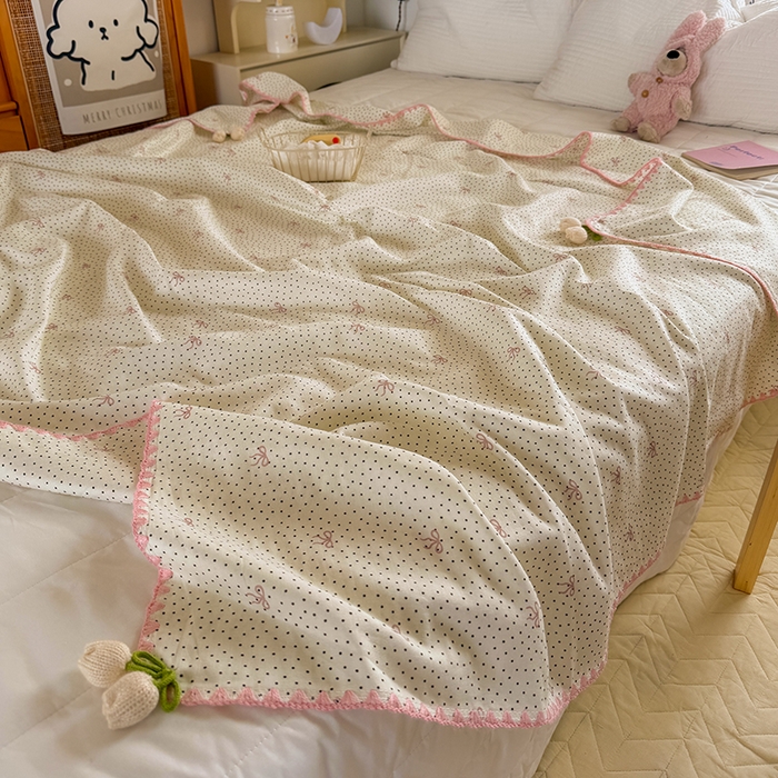 潮邦创意家居 2026新A类全棉双层纱三角针四角郁金香吊坠盖毯—郁金纱语系列【含A类检测报告】 黑点粉结