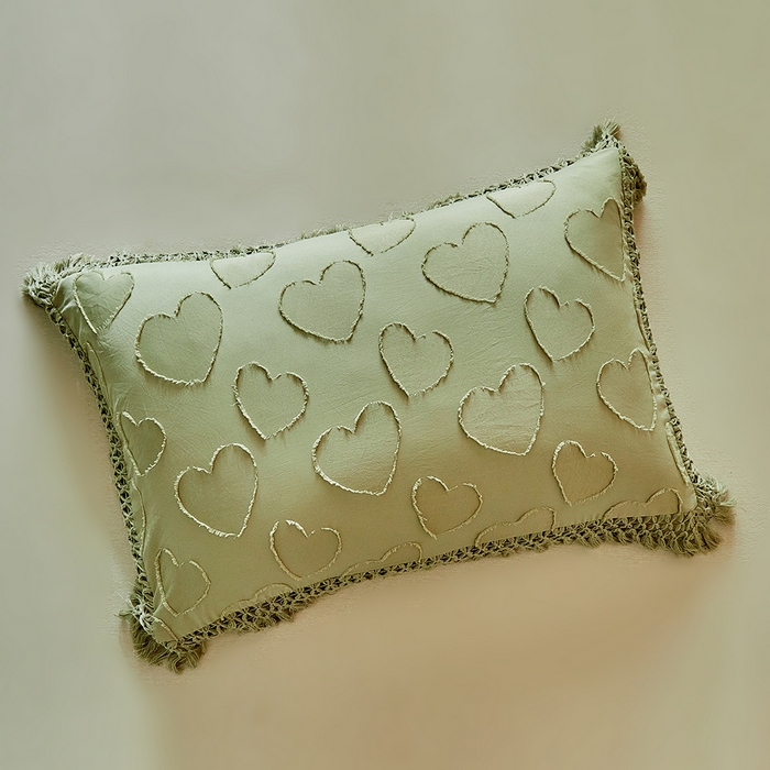 91家纺网 家纺一手货源 找家纺 缘生活 2026春夏新款民宿立体剪花蝴蝶结流苏四件套 剪花爱心流苏抹茶绿