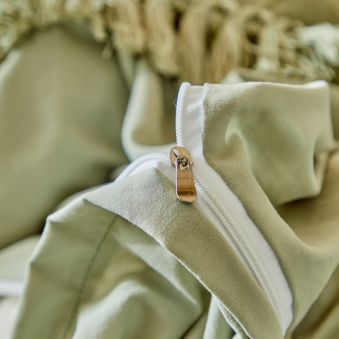 91家纺网 家纺一手货源 找家纺 缘生活 2026春夏新款民宿立体剪花蝴蝶结流苏四件套 剪花爱心流苏抹茶绿