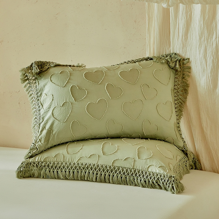 91家纺网 家纺一手货源 找家纺 缘生活 2026春夏新款民宿立体剪花蝴蝶结流苏四件套 剪花爱心流苏抹茶绿