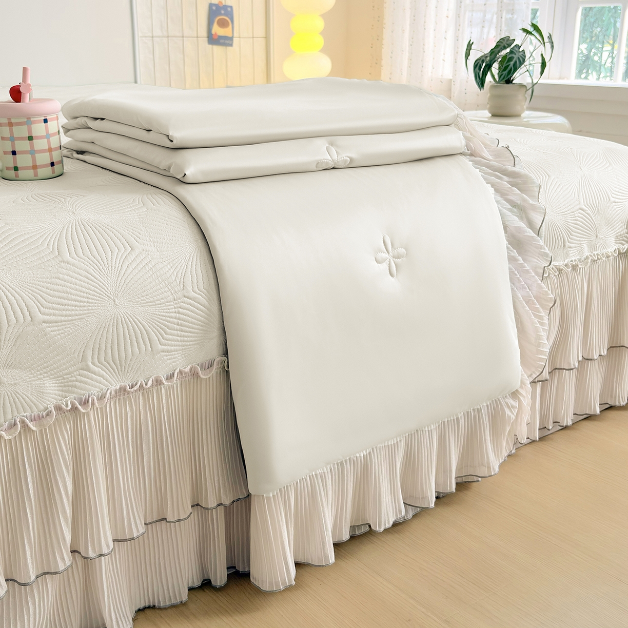 91家纺网 家纺一手货源 找家纺 锦格家纺 2026新款凉感丝网纱凉席席子 轻梦瑶-奶昔白