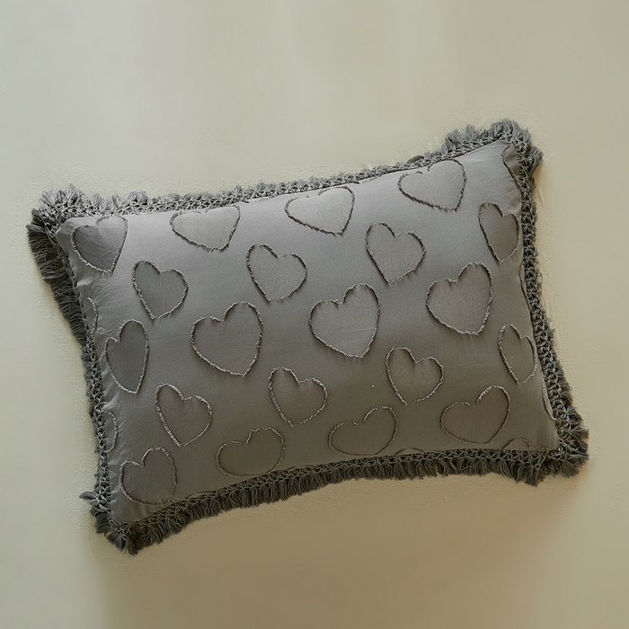 91家纺网 家纺一手货源 找家纺 缘生活 2026春夏新款民宿立体剪花蝴蝶结流苏四件套 剪花爱心流苏深灰