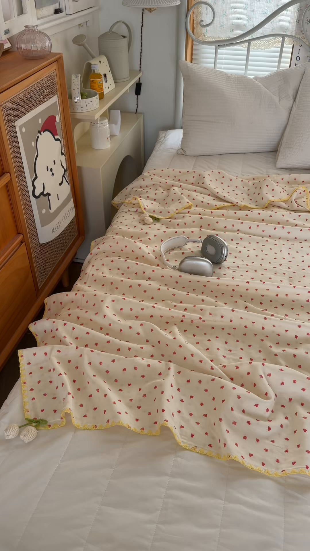 91家纺网 家纺一手货源 找家纺 潮邦创意家居 2026新A类全棉双层纱三角针四角郁金香吊坠盖毯—郁金纱语系列【含A类检测报告】 红爱心