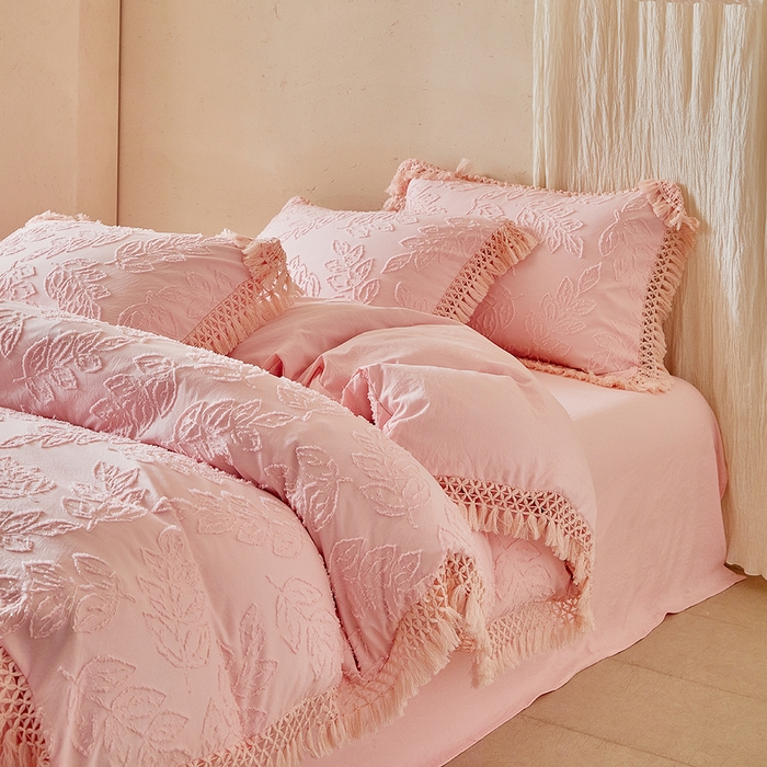 缘生活 2026春夏新款民宿立体剪花蝴蝶结流苏四件套 剪花落叶流苏粉色