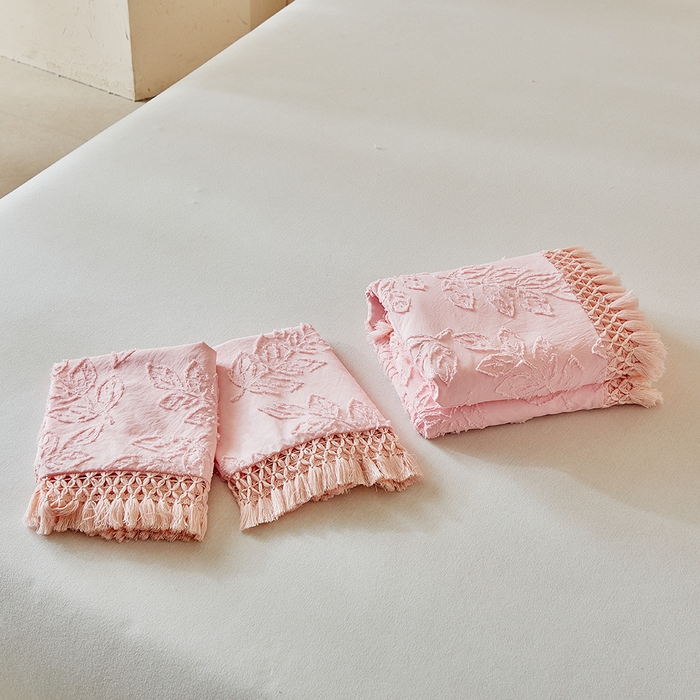 91家纺网 家纺一手货源 找家纺 缘生活 2026春夏新款民宿立体剪花蝴蝶结流苏四件套 剪花落叶流苏粉色
